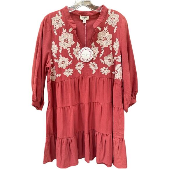 NWT Umgee Coral Tiered Boho Dress White Floral Embroidery Size Small - Picture 1 of 7